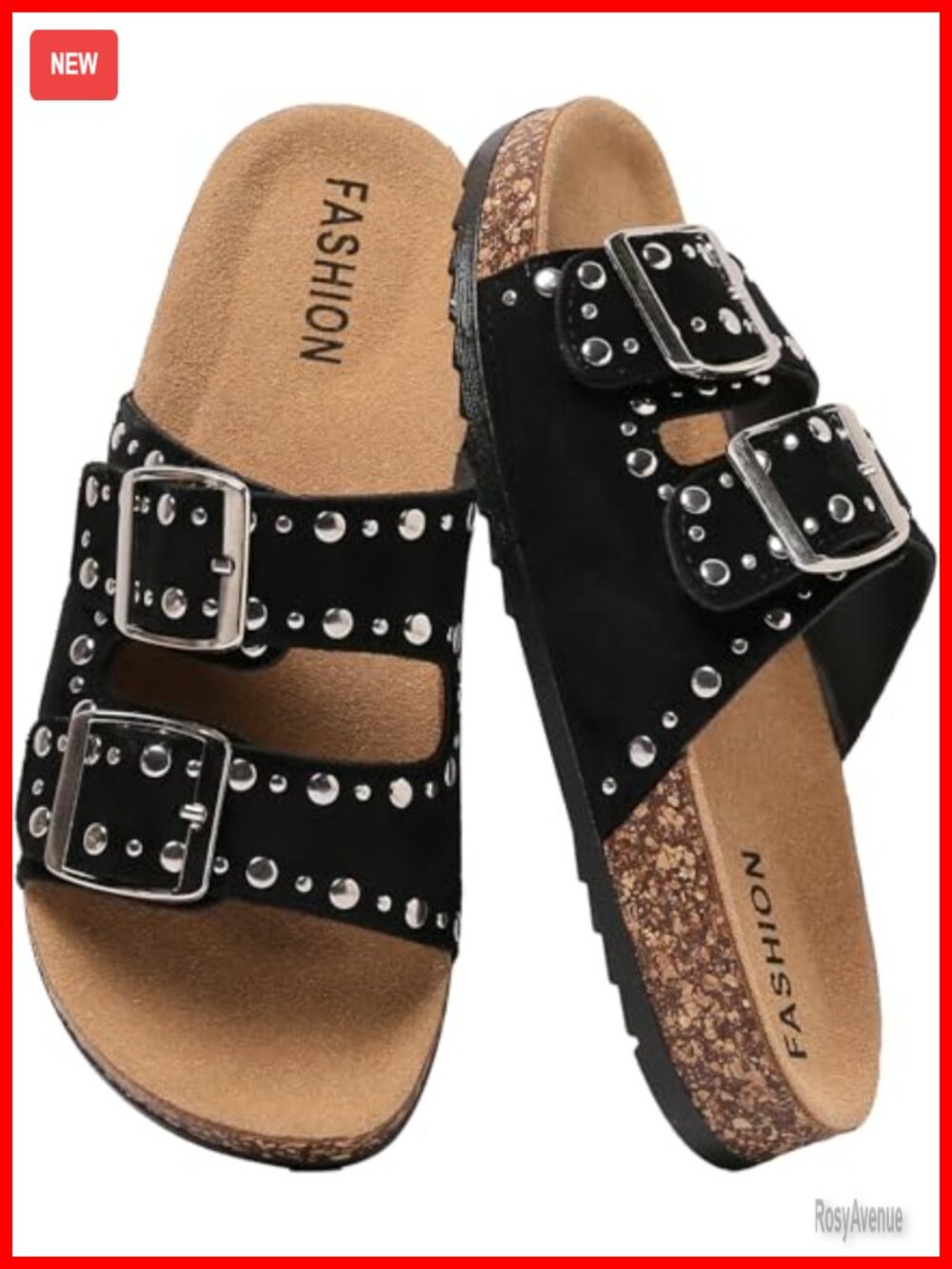 Women's Cork Footbed Slide Sandals Adjustable Buckle Studded